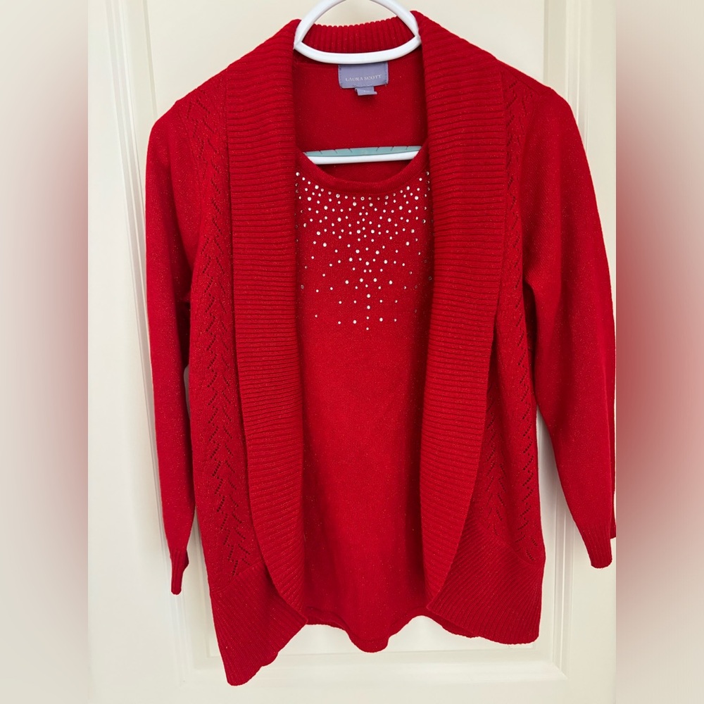 Laura Scott red sparkle cardigan. Built in attached shell.Size small